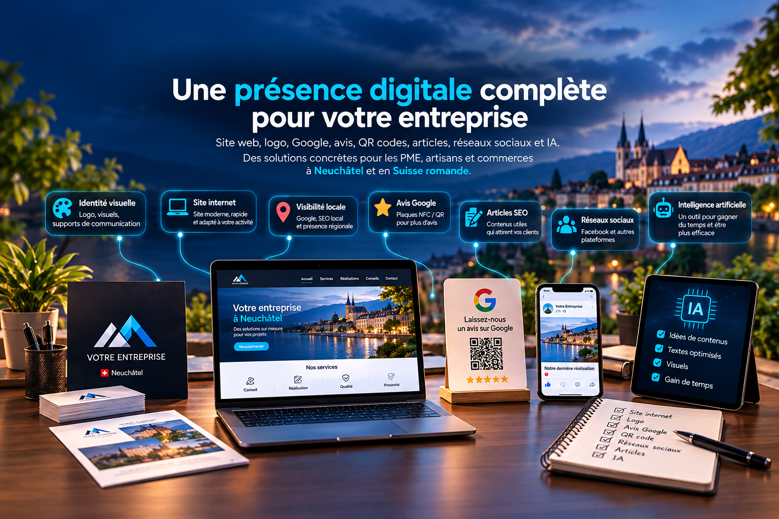 Solutions digitales pour PME à Neuchâtel | Web, Google, QR & IA